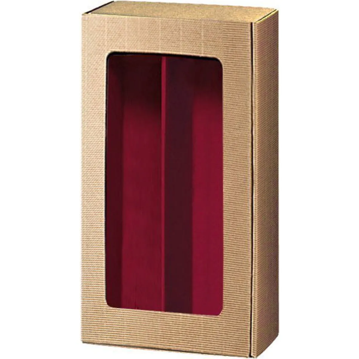 Geschenkkarton Offene Welle natur/bordeaux mit Fenster für 2 Flaschen